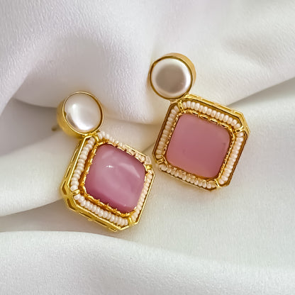 Viren Monalisa Stone Premium Brass Stud Earrings - Pastel Pink