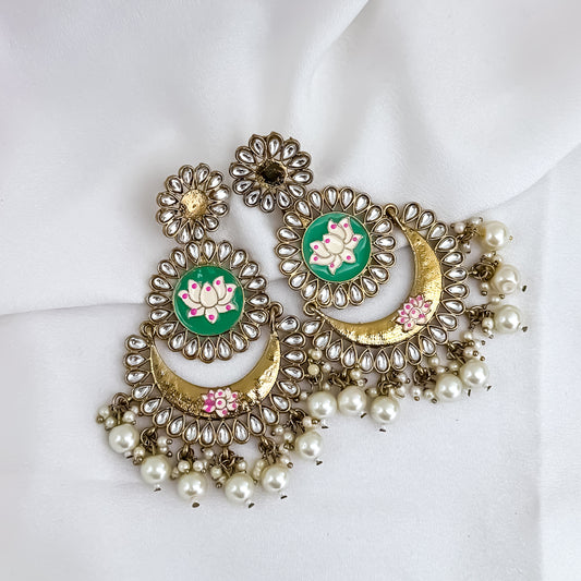 Vritika Meenakari Pearl Chandbali Earrings - Golden & Green