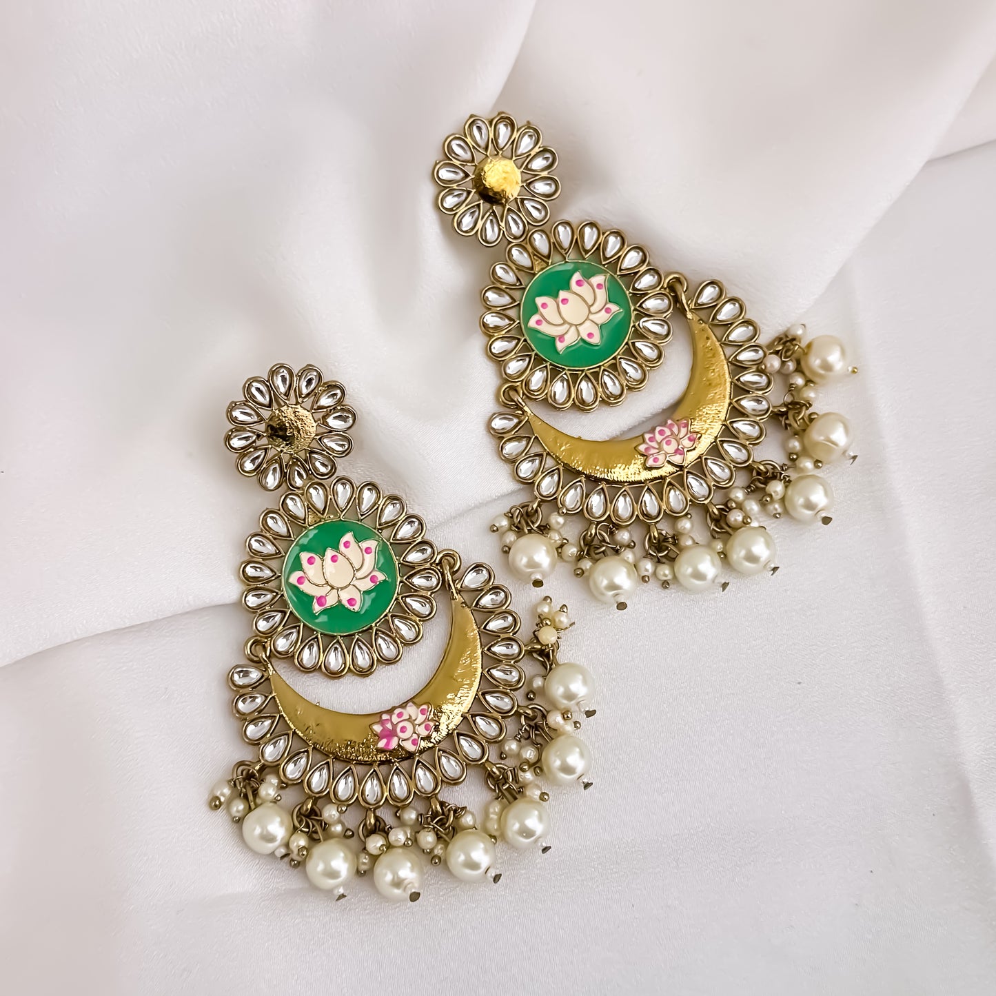 Vritika Meenakari Pearl Chandbali Earrings - Golden & Green