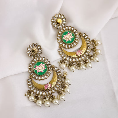 Vritika Meenakari Pearl Chandbali Earrings - Golden & Green