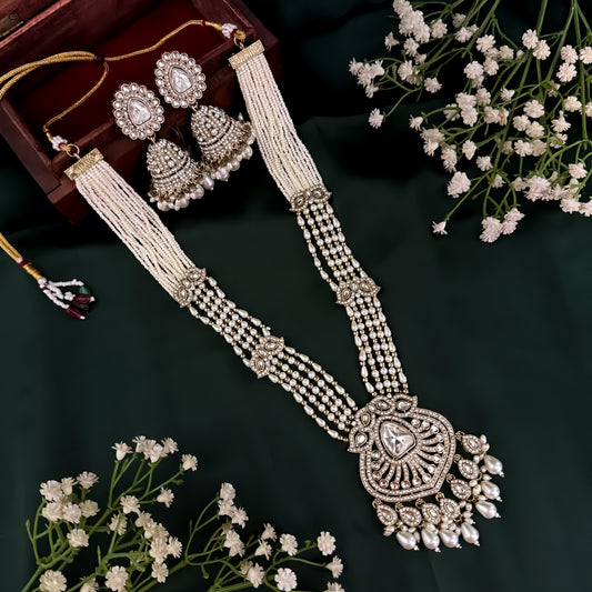 Mehrunisa Pearl Kundan Rani Haar Long Necklace Set- Golden
