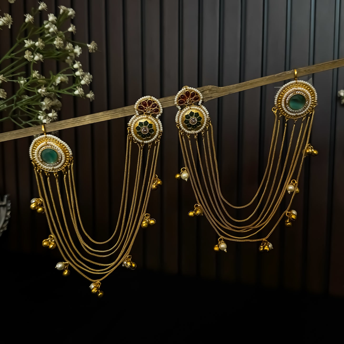 Aarunika Premium Kashmiri Brass Dejhoor Earrings with Sahara/Earchains - Pastel Green