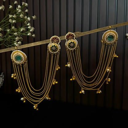 Aarunika Premium Kashmiri Brass Dejhoor Earrings with Sahara/Earchains - Pastel Green