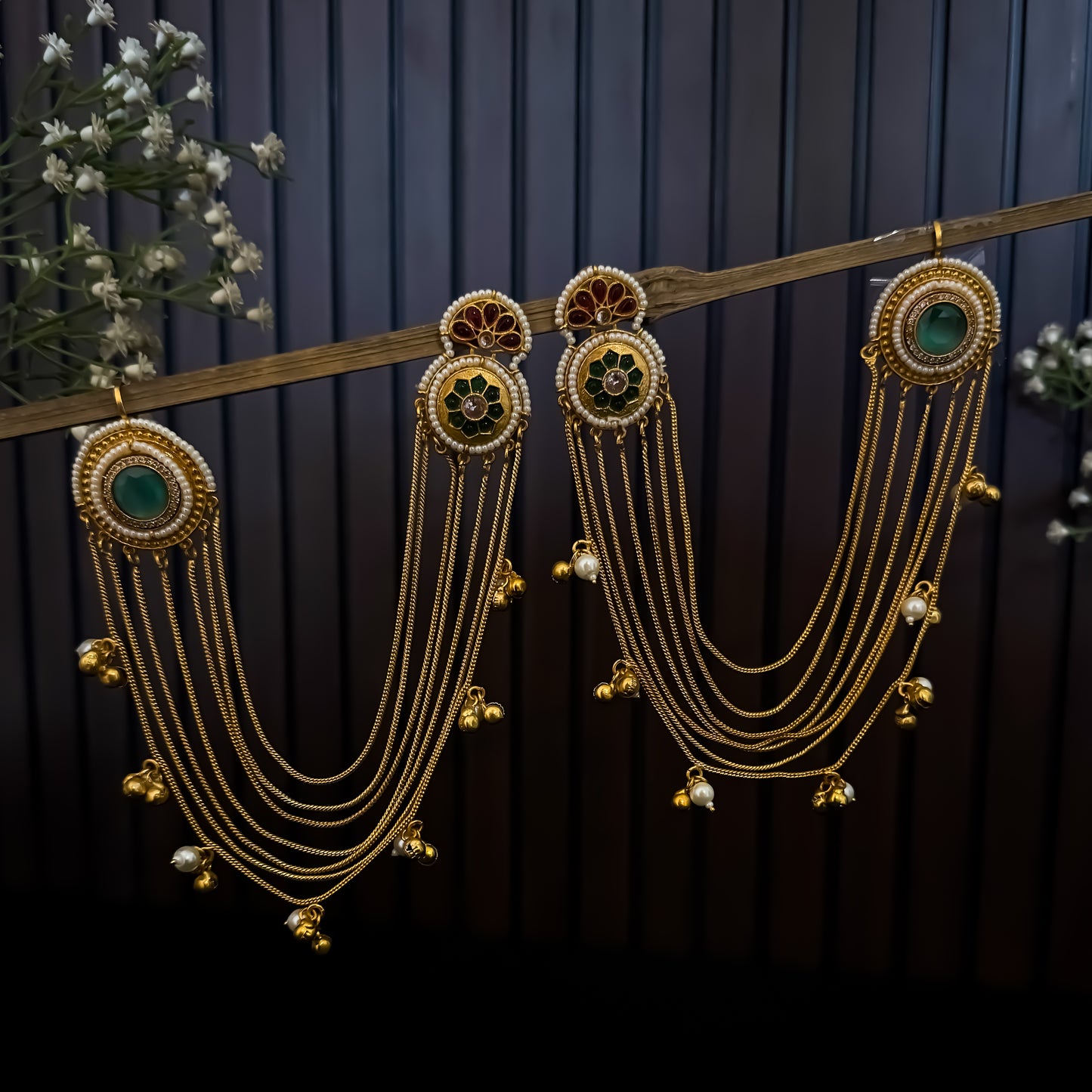 Aarunika Premium Kashmiri Brass Dejhoor Earrings with Sahara/Earchains - Pastel Green