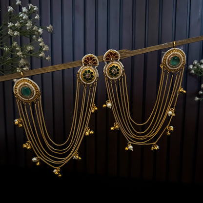 Aarunika Premium Kashmiri Brass Dejhoor Earrings with Sahara/Earchains - Pastel Green