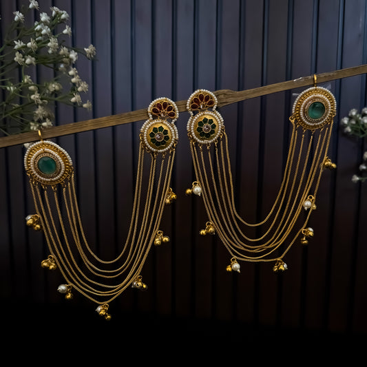 Aarunika Premium Kashmiri Brass Dejhoor Earrings with Sahara/Earchains - Pastel Green