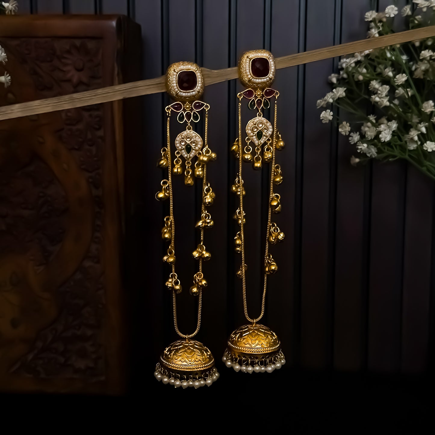 Meghana Premium Kashmiri Brass Ghungroo Jhumka Earrings - Ruby