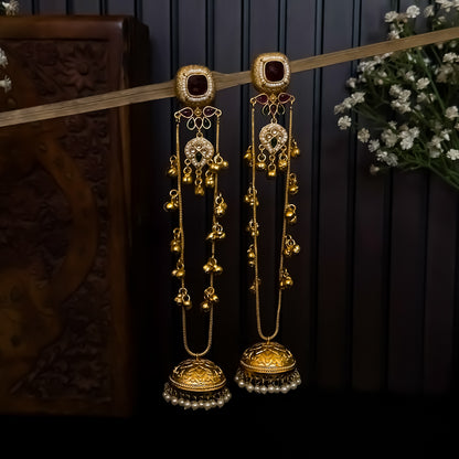 Meghana Premium Kashmiri Brass Ghungroo Jhumka Earrings - Ruby