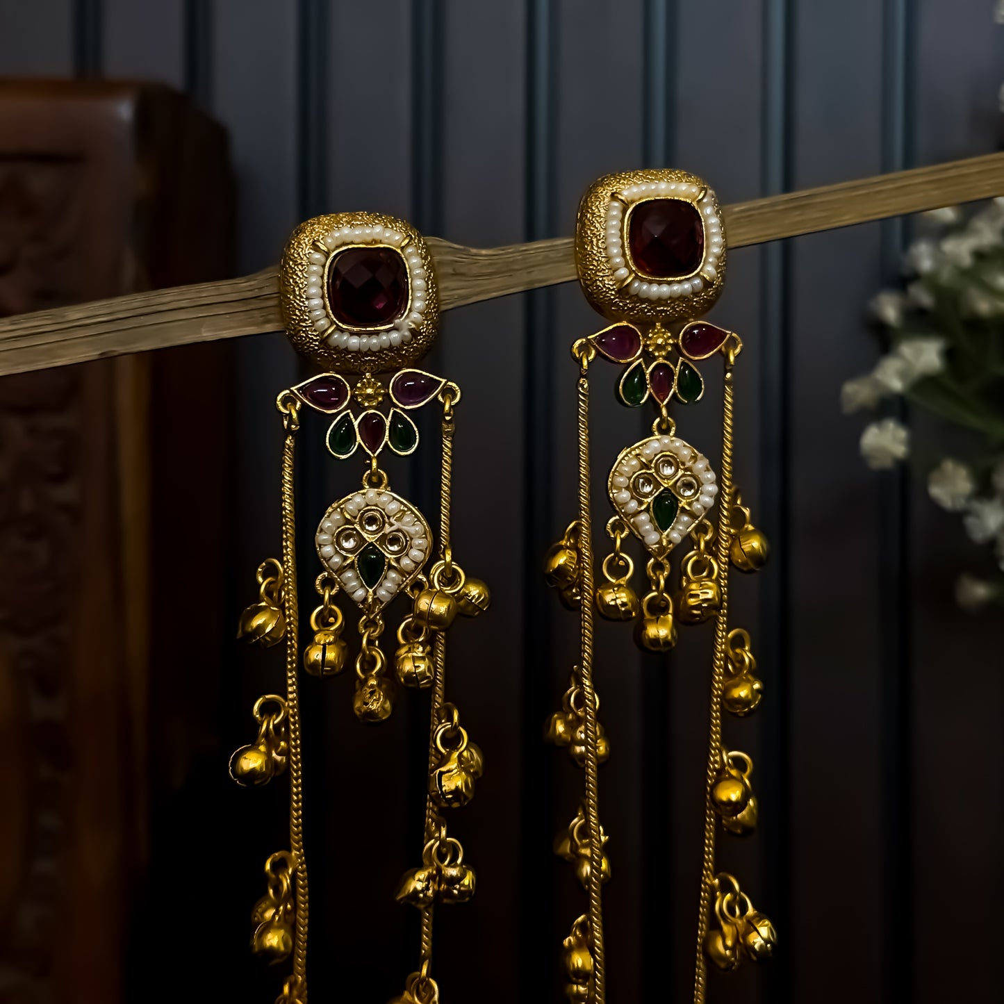 Meghana Premium Kashmiri Brass Ghungroo Jhumka Earrings - Ruby