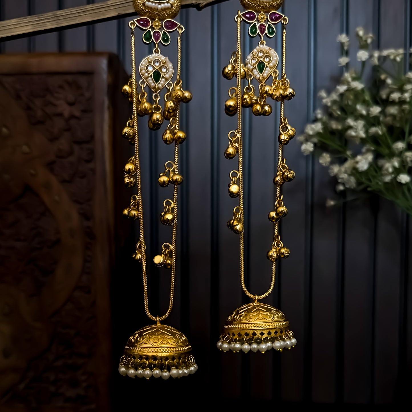 Meghana Premium Kashmiri Brass Ghungroo Jhumka Earrings - Green