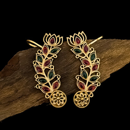 Aarohi Premium Kashmiri Brass Earcuff Earrings - Pink & Green