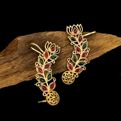 Aarohi Premium Kashmiri Brass Earcuff Earrings - Pink & Green