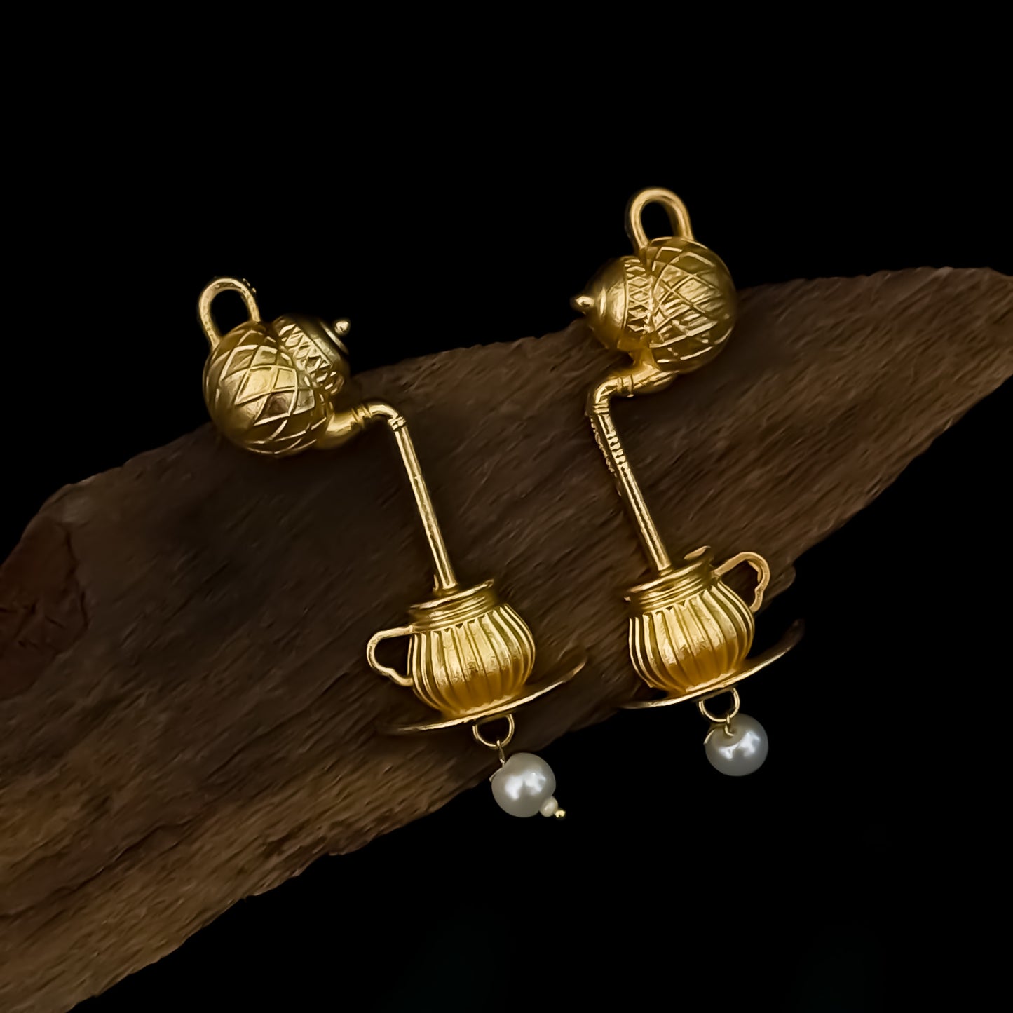 Ketli Aroma Pearl Drop Kashmiri Brass Earrings - Golden