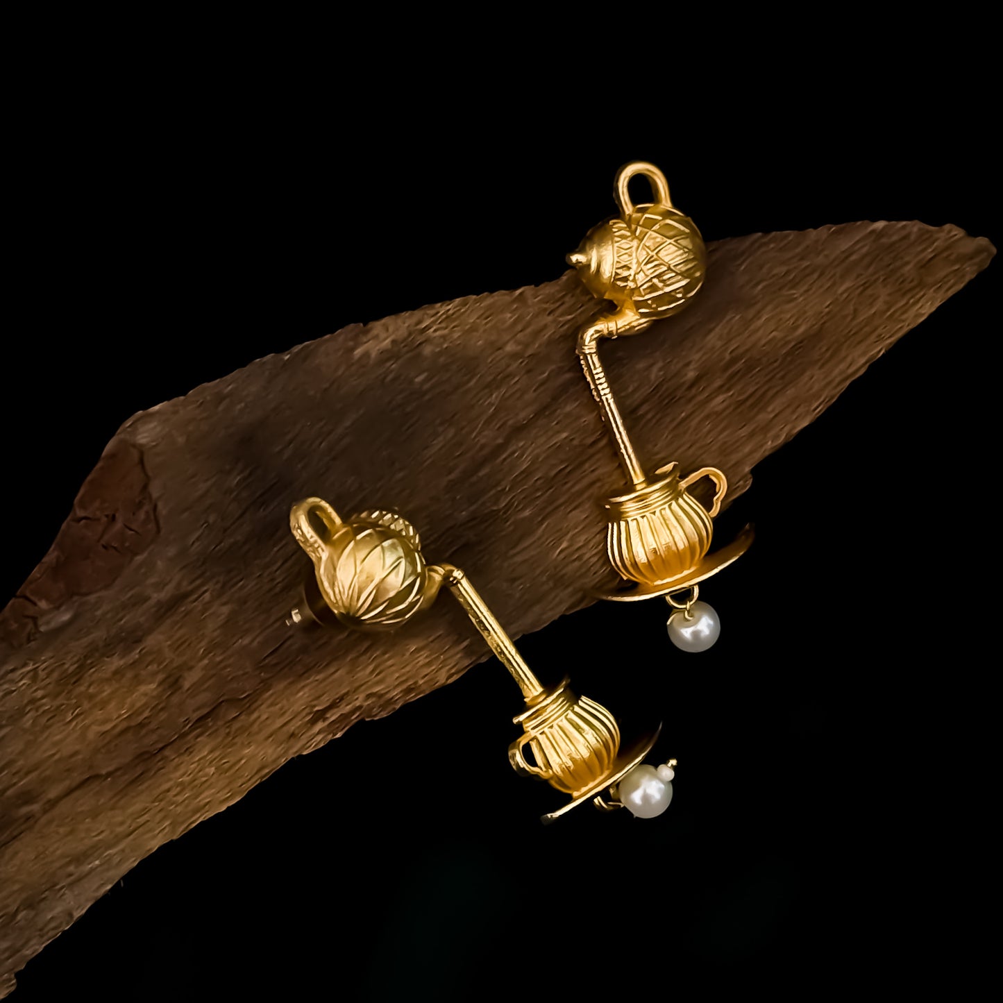 Ketli Aroma Pearl Drop Kashmiri Brass Earrings - Golden