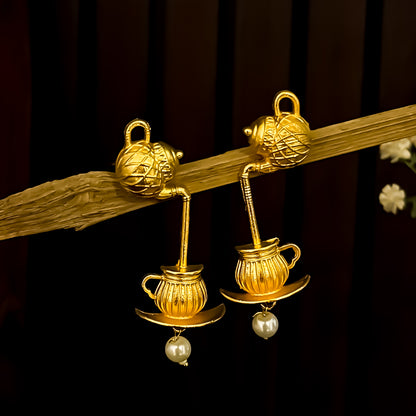 Ketli Aroma Pearl Drop Kashmiri Brass Earrings - Golden