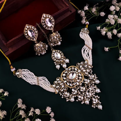 Mayuri Reverse AD Necklace Set with Earrings & Teeka - Golden