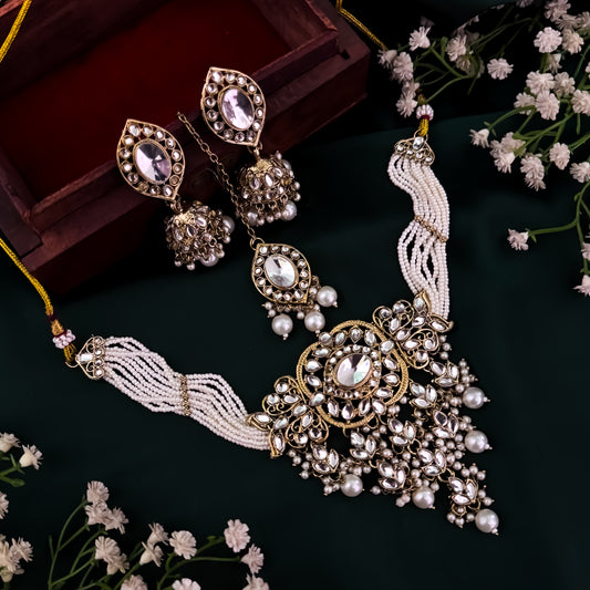 Mayuri Reverse AD Necklace Set with Earrings & Teeka - Golden