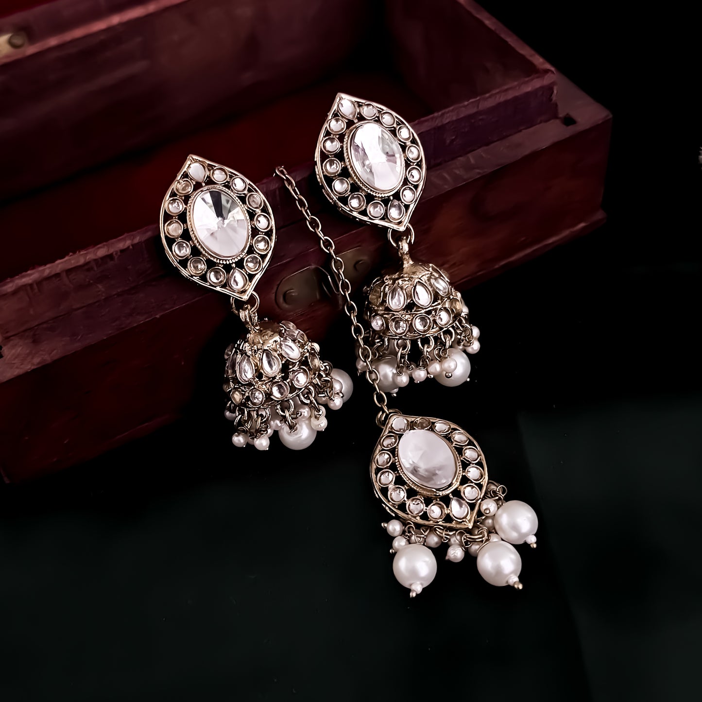 Mayuri Reverse AD Necklace Set with Earrings & Teeka - Golden
