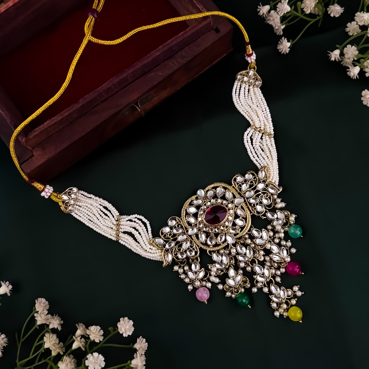 Mayuri Reverse AD Necklace Set with Earrings & Teeka - Multi