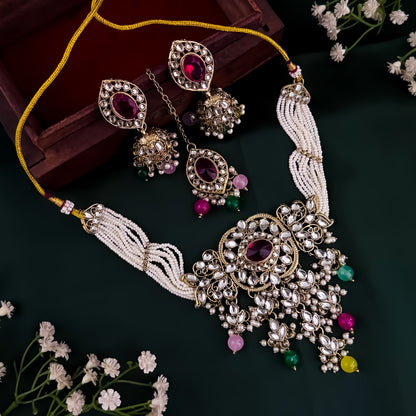 Mayuri Reverse AD Necklace Set with Earrings & Teeka - Multi