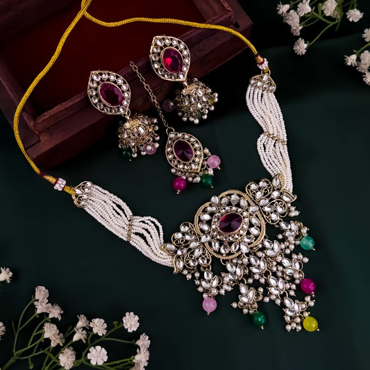 Mayuri Reverse AD Necklace Set with Earrings & Teeka - Multi