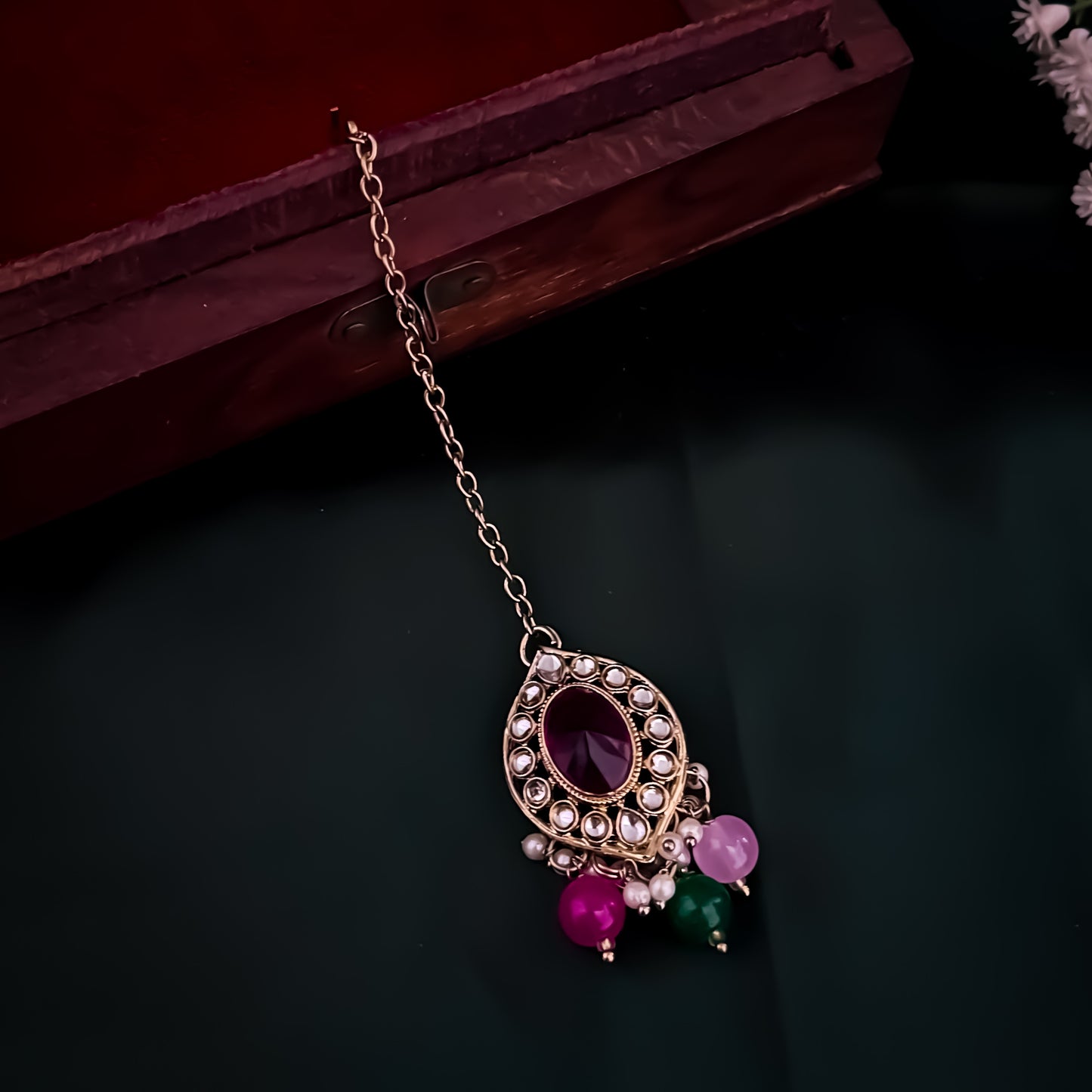 Mayuri Reverse AD Necklace Set with Earrings & Teeka - Multi