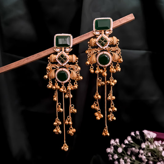 Patralekha Kashmiri Brass Dejhoor Ghungroo Jhumka Earrings - Golden & Green