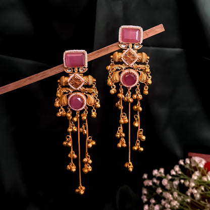 Patralekha Kashmiri Brass Dejhoor Ghungroo Jhumka Earrings - Golden & Pastel Pink
