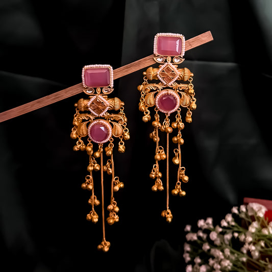 Patralekha Kashmiri Brass Dejhoor Ghungroo Jhumka Earrings - Golden & Pastel Pink