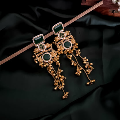 Patralekha Kashmiri Brass Dejhoor Ghungroo Jhumka Earrings - Golden & Green