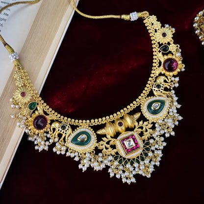 Nishtha Kashmiri Matte Brass Necklace Set - Pastel Pink & Green