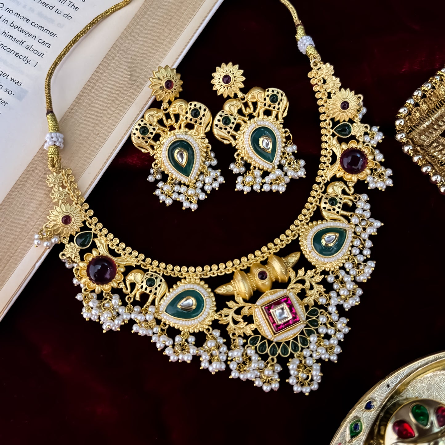 Nishtha Kashmiri Matte Brass Necklace Set - Pastel Pink & Green