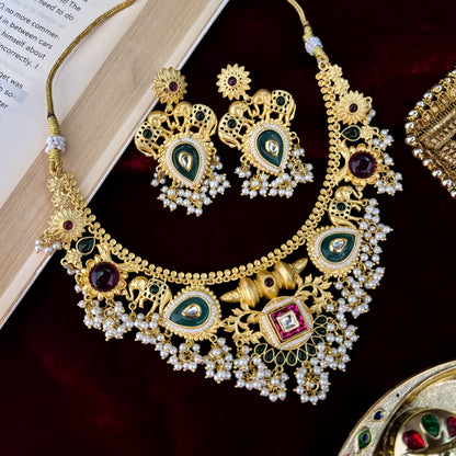 Nishtha Kashmiri Matte Brass Necklace Set - Pastel Pink & Green