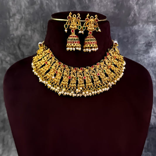Divina Lakshmi Intricate Work Temple Necklace Set - Golden