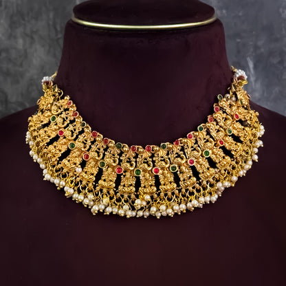 Divina Lakshmi Intricate Work Temple Necklace Set - Golden