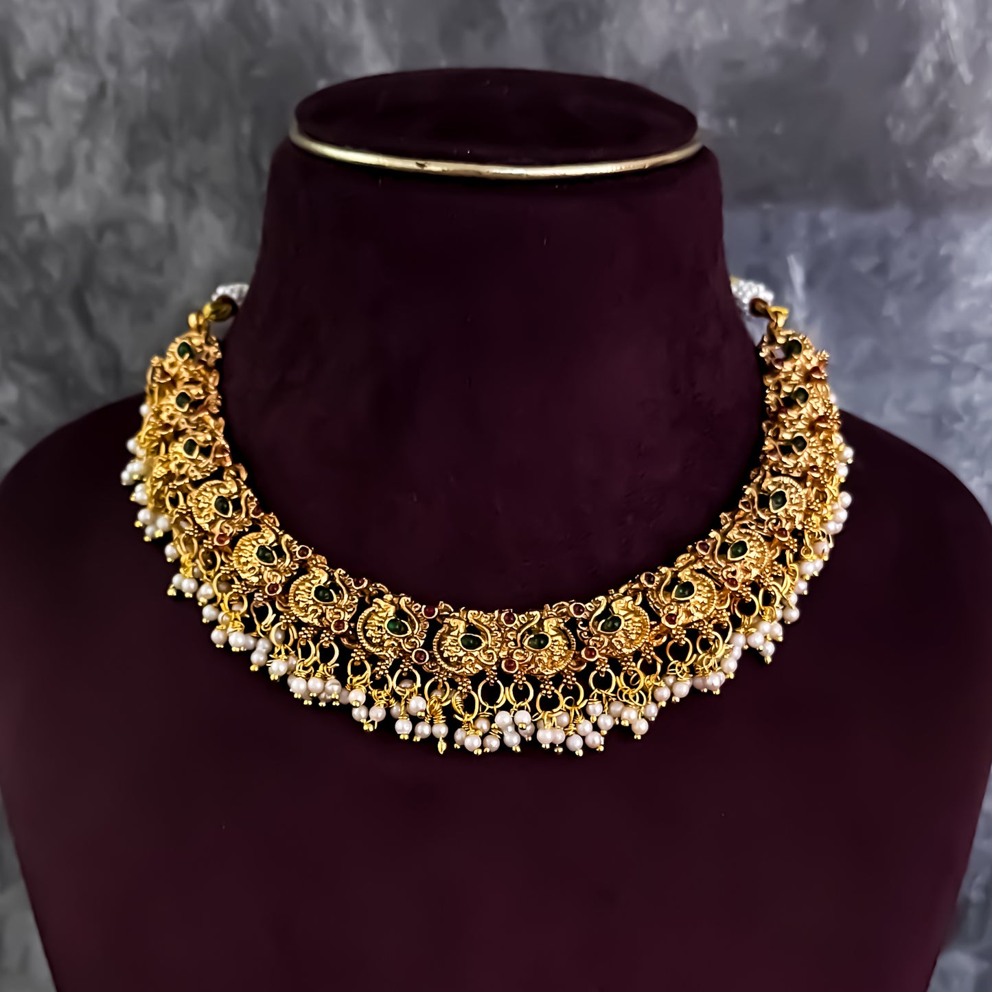 Alvira Peacock Motif Temple Necklace Set - Golden
