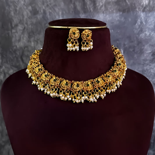 Alvira Peacock Motif Temple Necklace Set - Golden
