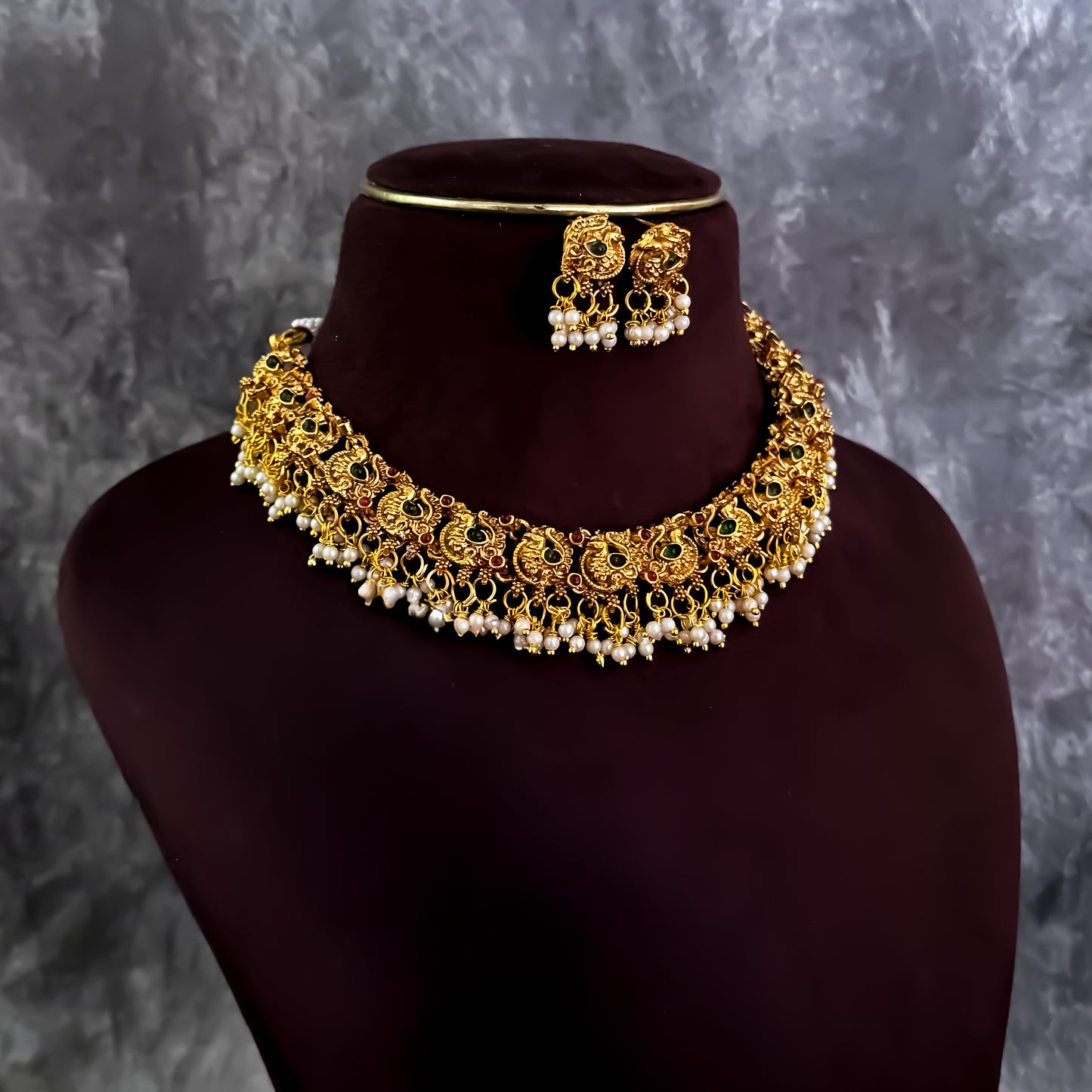 Alvira Peacock Motif Temple Necklace Set - Golden