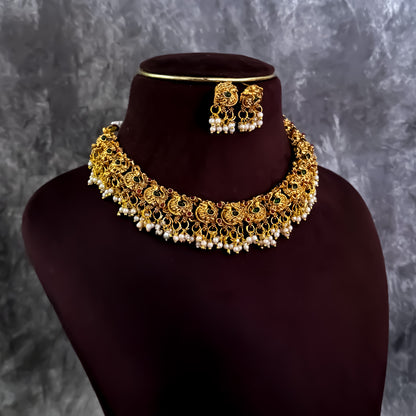 Alvira Peacock Motif Temple Necklace Set - Golden