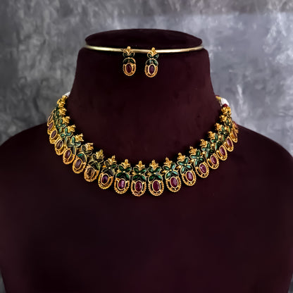 Rashi Temple Motif Necklace Set - Ruby & Green