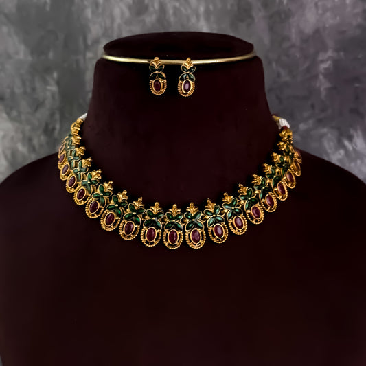 Rashi Temple Motif Necklace Set - Ruby & Green