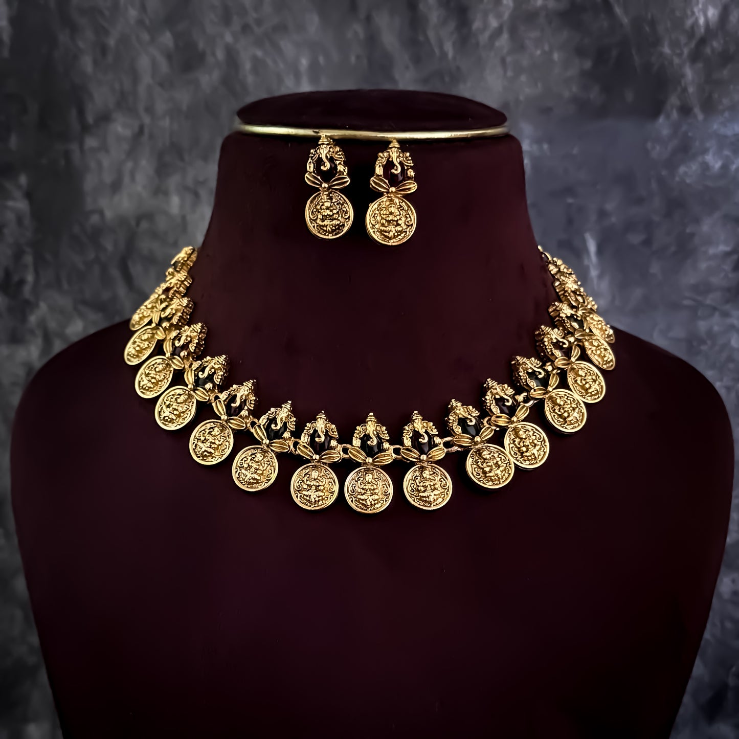 Keerthi Ganesha Coin Temple Motif Necklace Set - Golden