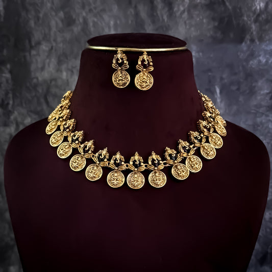 Keerthi Ganesha Coin Temple Motif Necklace Set - Golden