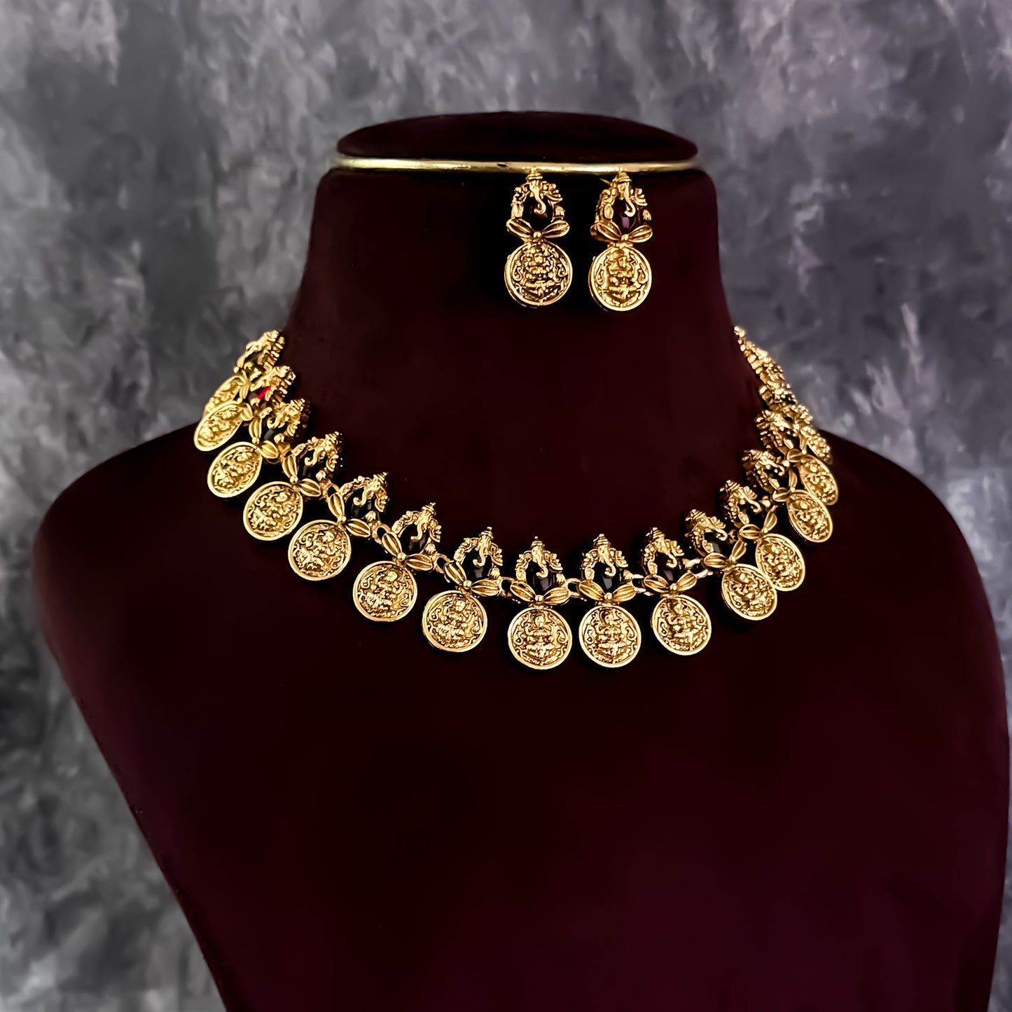 Keerthi Ganesha Coin Temple Motif Necklace Set - Golden
