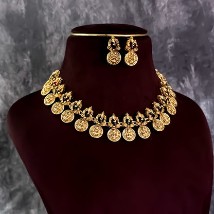 Keerthi Ganesha Coin Temple Motif Necklace Set - Golden