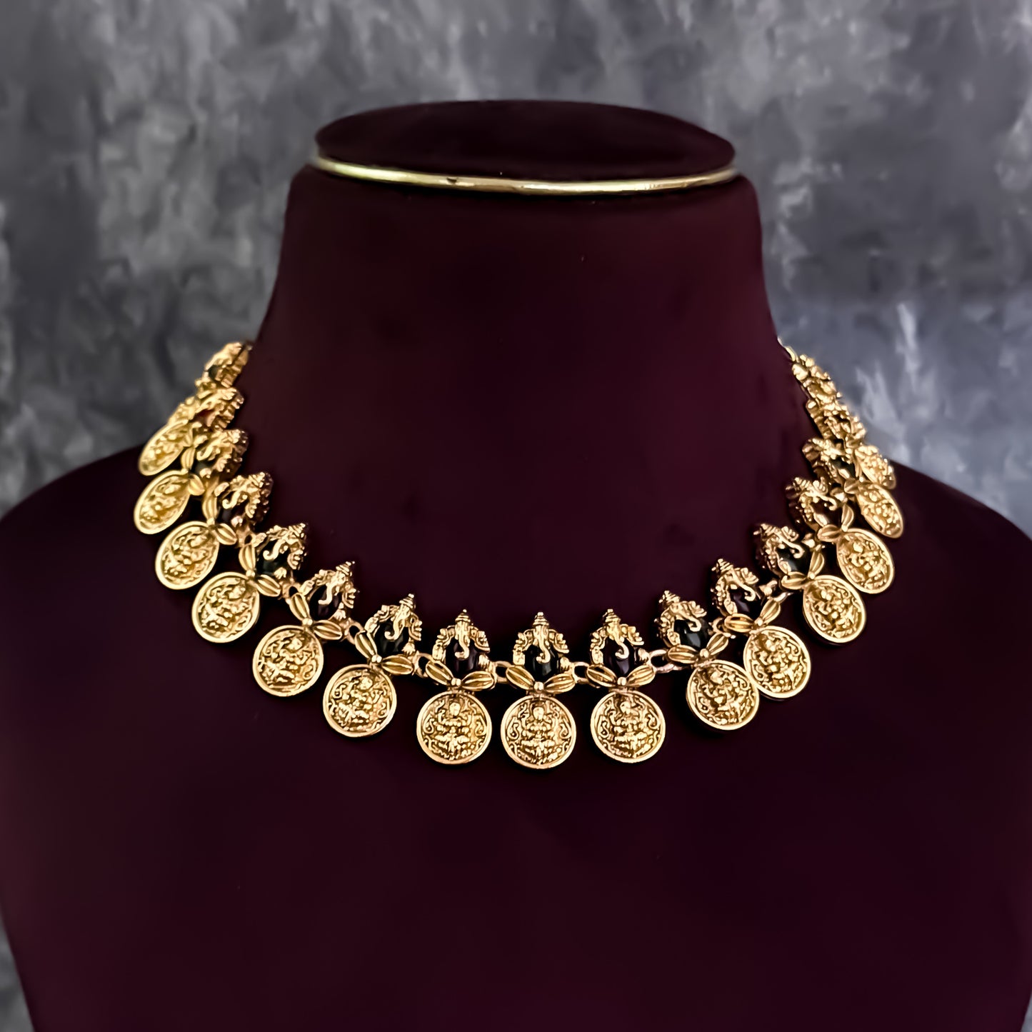 Keerthi Ganesha Coin Temple Motif Necklace Set - Golden