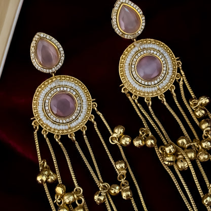 Shrenu Premium Kashmiri Brass Ghungroo Earrings - Pastel Pink