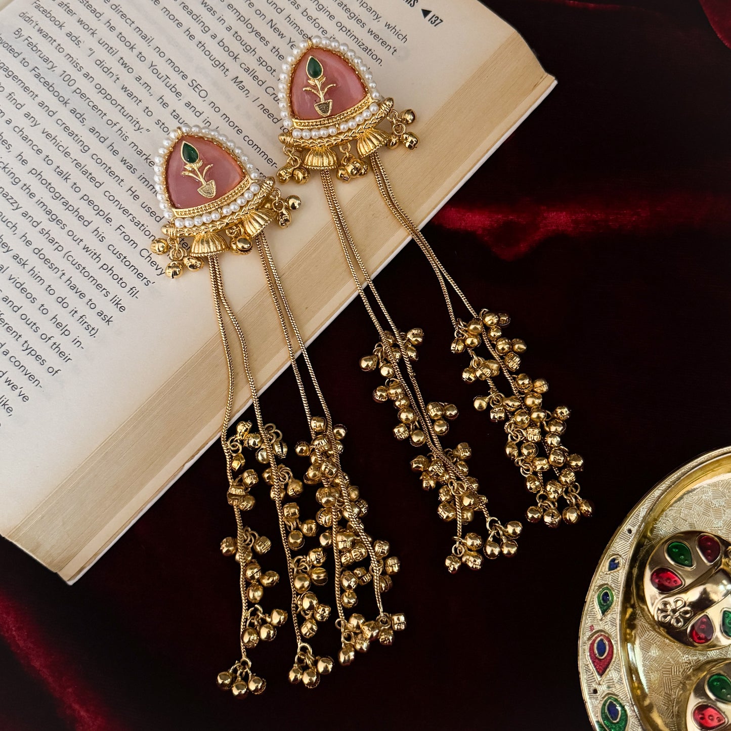 Vishakha MOP Kashmiri Brass Dejhoor Ghungroo Jhumka Earrings - Pastel Pink