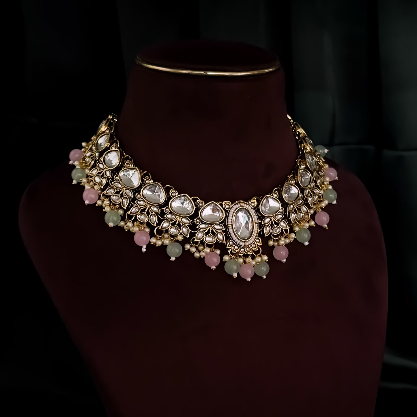Rajnandini Kundan Pearl Necklace  - Pastel Pink & Pastel Green