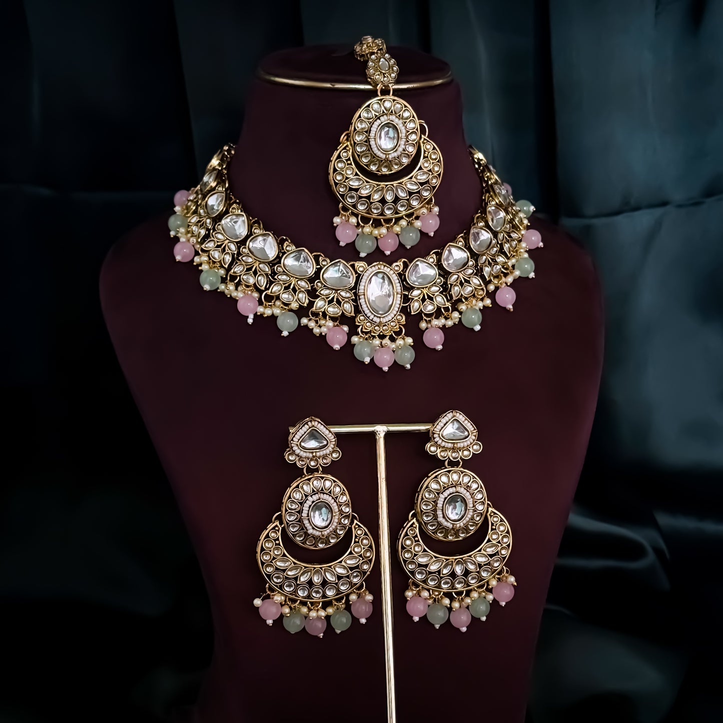 Rajnandini Kundan Pearl Necklace  - Pastel Pink & Pastel Green